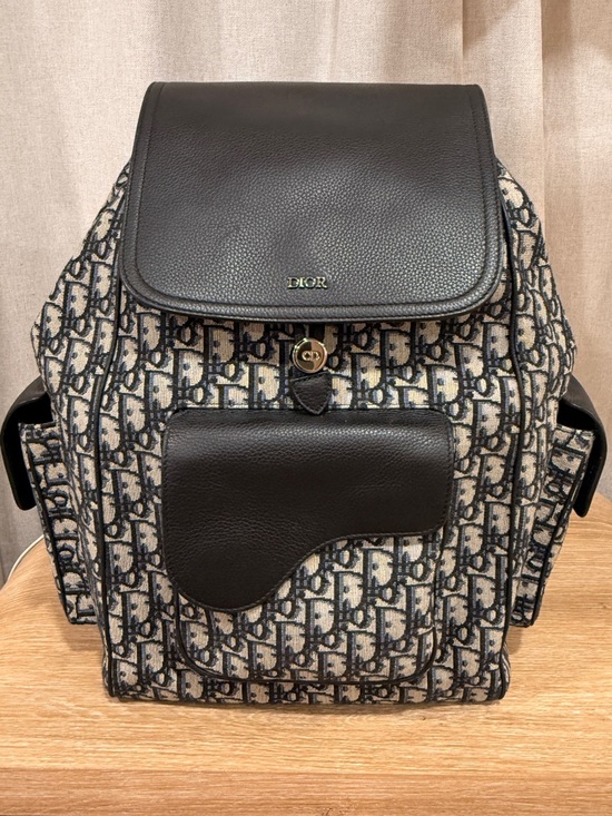 Dior Handbags - Dior Black and Beige Oblique Canvas Backpack